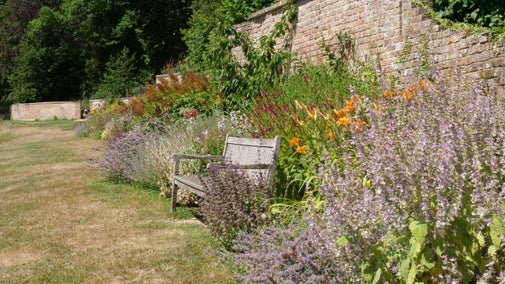 A flower border in late summer with a bench and brick garden wall at Newark Park